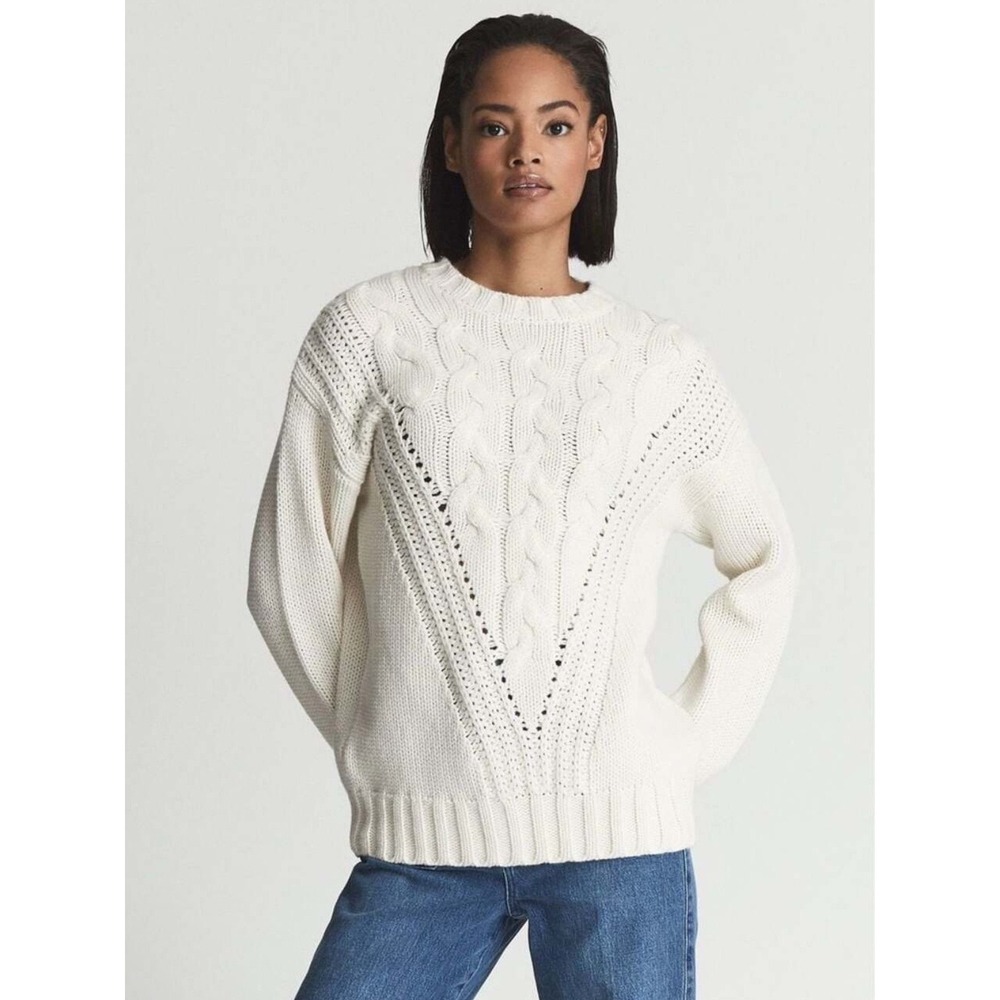 Reiss Cable Knit Sweater Medium Cotton Wool Blend Cream Ivory Fisherman Heritage